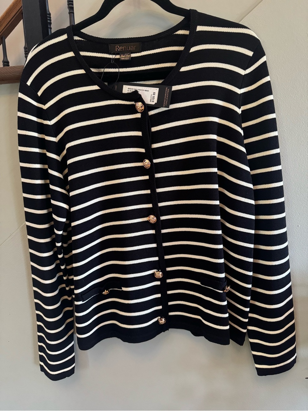 Renuar Black & White Classic Striped Button-Front Cardigan